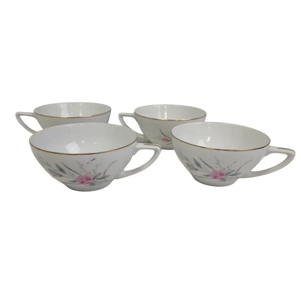 Set of 4 Vintage Golden Rose Flower Gold Rim Fine China Japan Teacups Saucers
